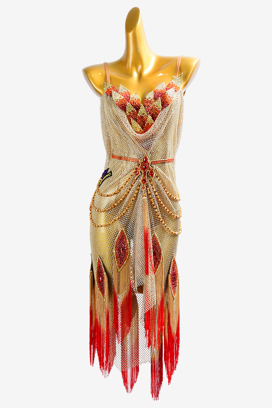 Permino gold crystal fishnet Latin dress with red & fleshtone fringes, gold beadings and crystals