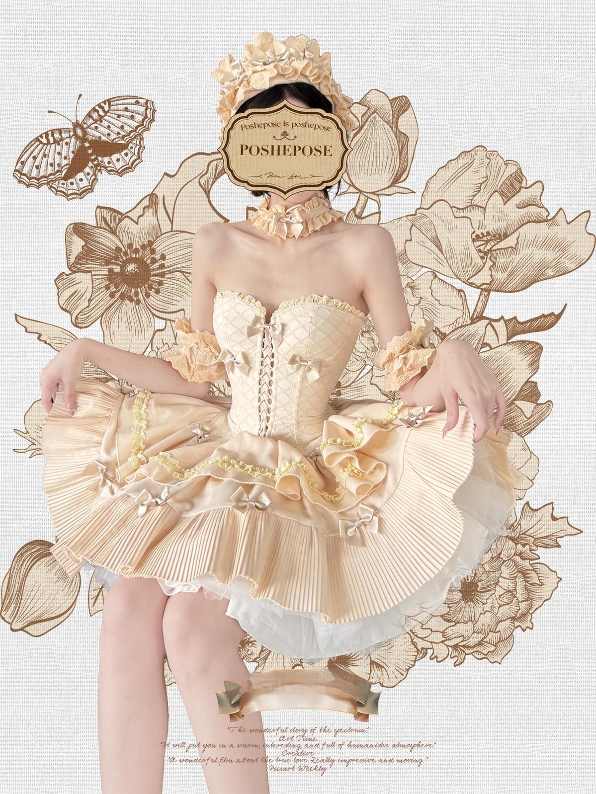POSHEPOSE~Celadon Overture~Sleeveless Princess Lolita Skirt Suit Fishbone Top Tiered SK