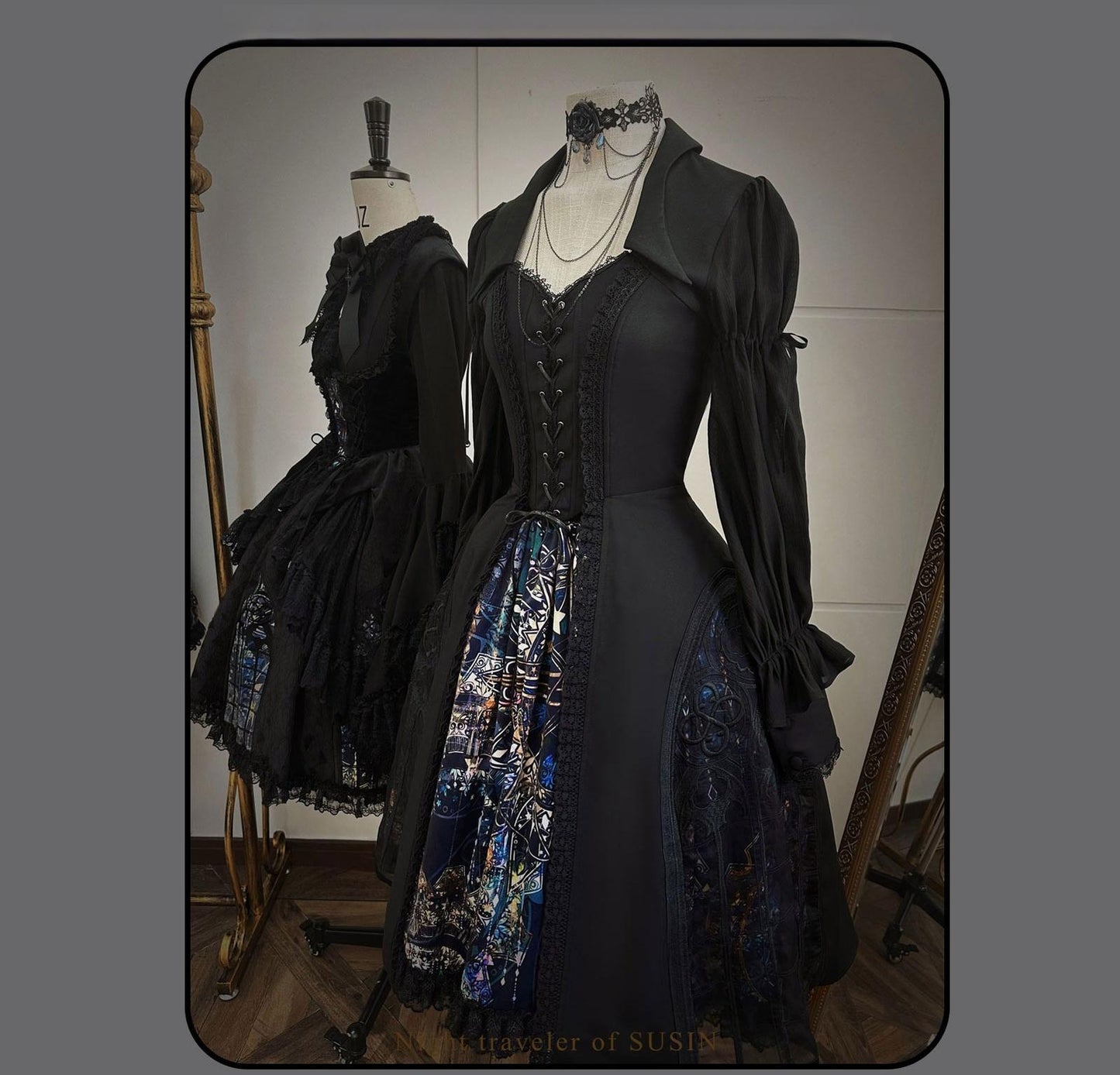 Susin Lolita~Night Traveler~Gothic Lolita Skirt Outfit Long Coat Shirt and Bustier Set