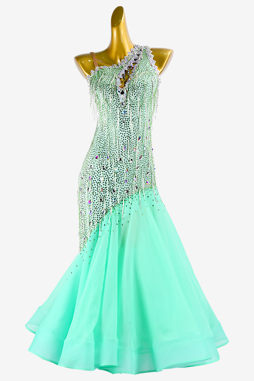 Permino mintcream Standard dress with aquamarine pearl chiffon underskirts, silver beaded fringes, lace & crystal AB