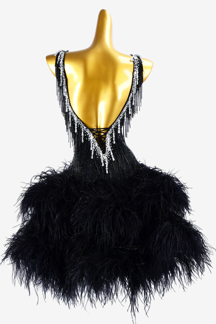 Permino black lycra Latin dress with sheer beadings, beaded fringes, feathers & rhinestones
