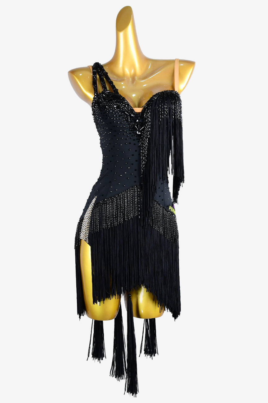 Permino black lustre lycra backless Latin dress with fringes, beaded fringes & rhinestone