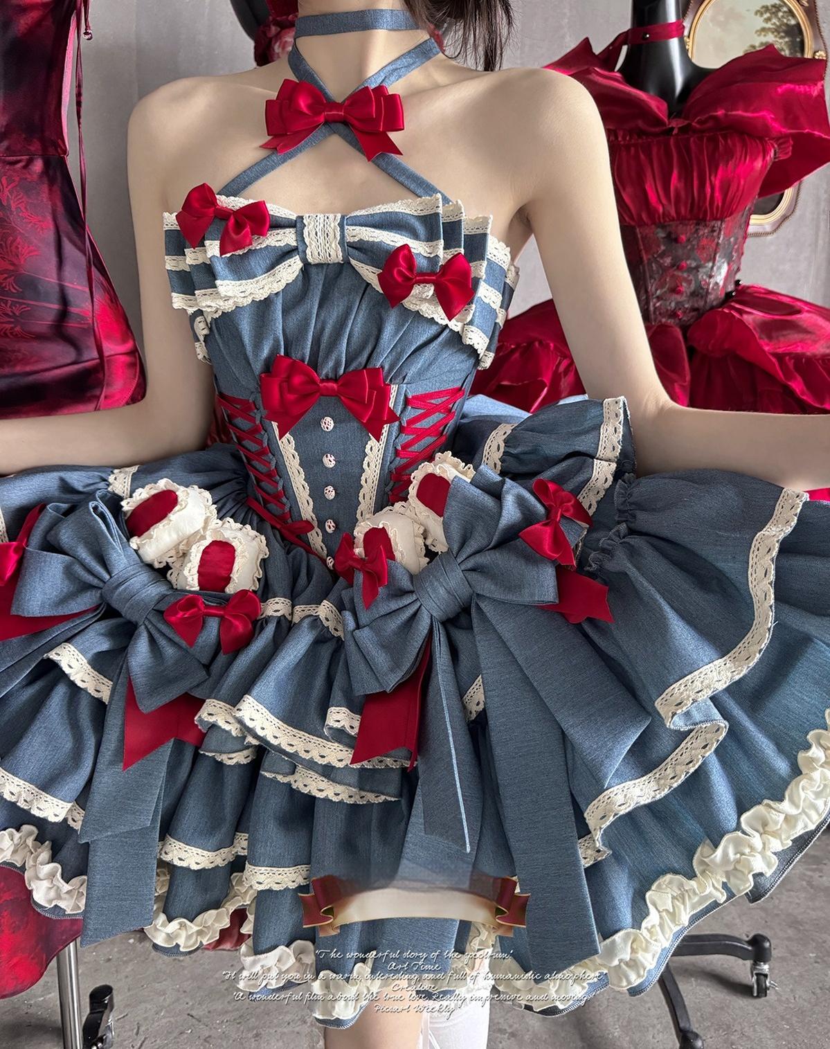 POSHEPOSE~First Cherry Rabbit~Sweet Lolita Dress Halter Neck Jumper Dress and Cardigan