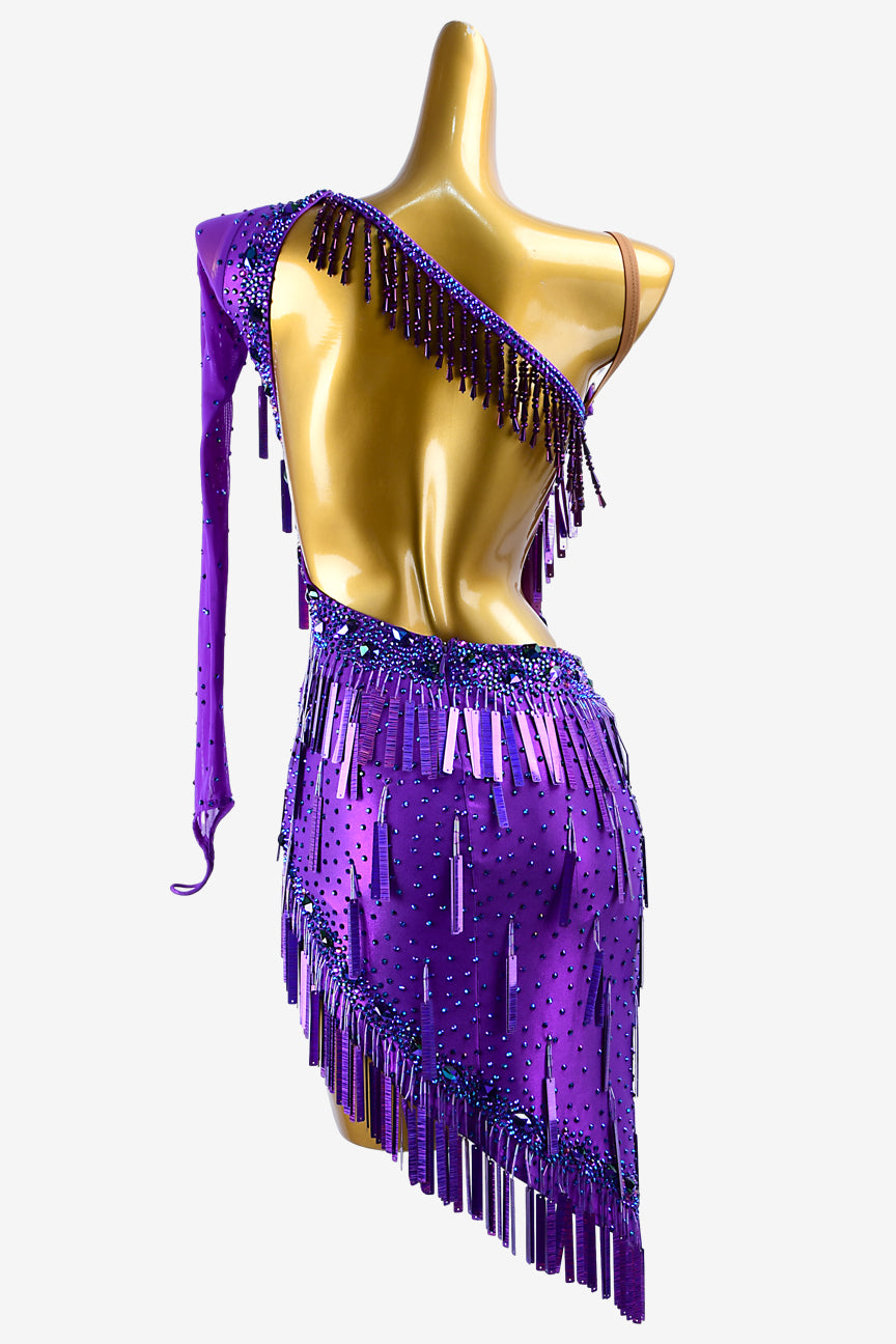 Permino violet lustre lycra Latin dress with mesh sleeve,  sequins, darkblue rhinestones & sew-on stones