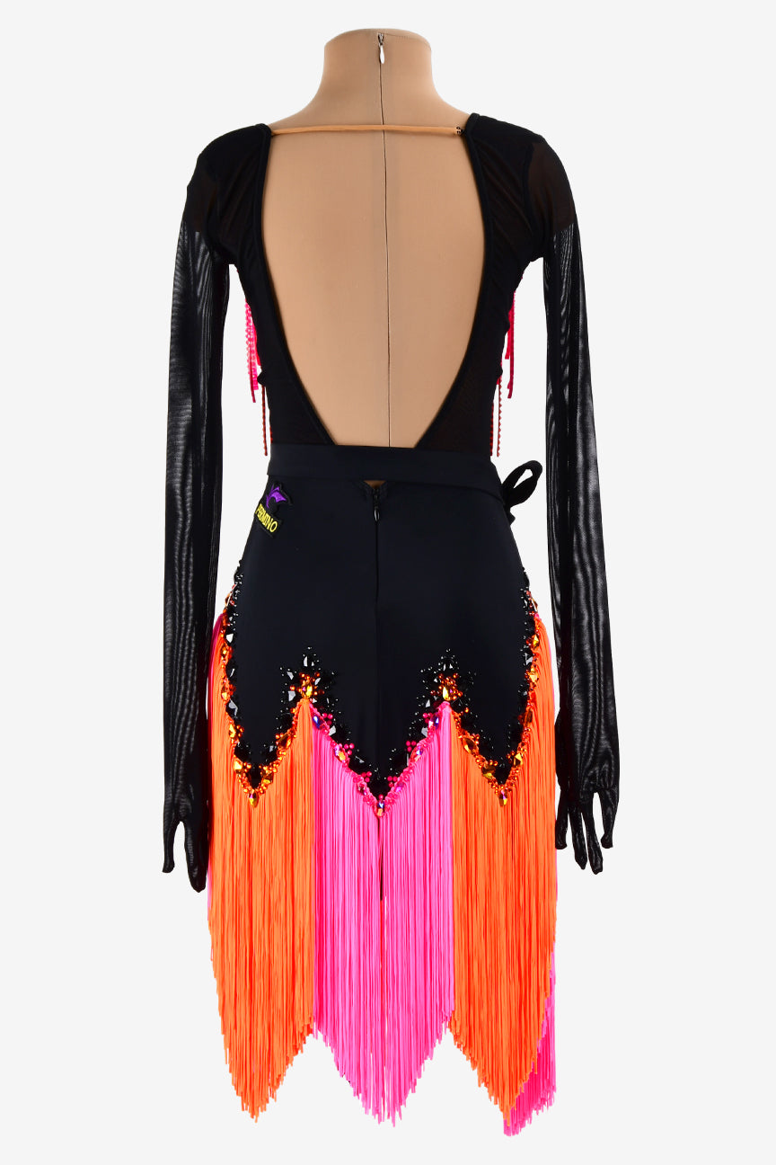 Permino black mesh Latin dress with stone fringes, rhinestone, sew-on stones & orangered mix pink fringes