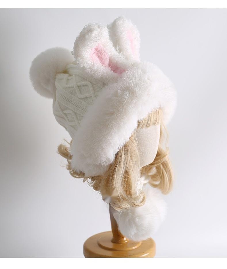 Xiaogui~Winter Kawaii Lolita Hat Plush Warm Hat with Pom-Poms