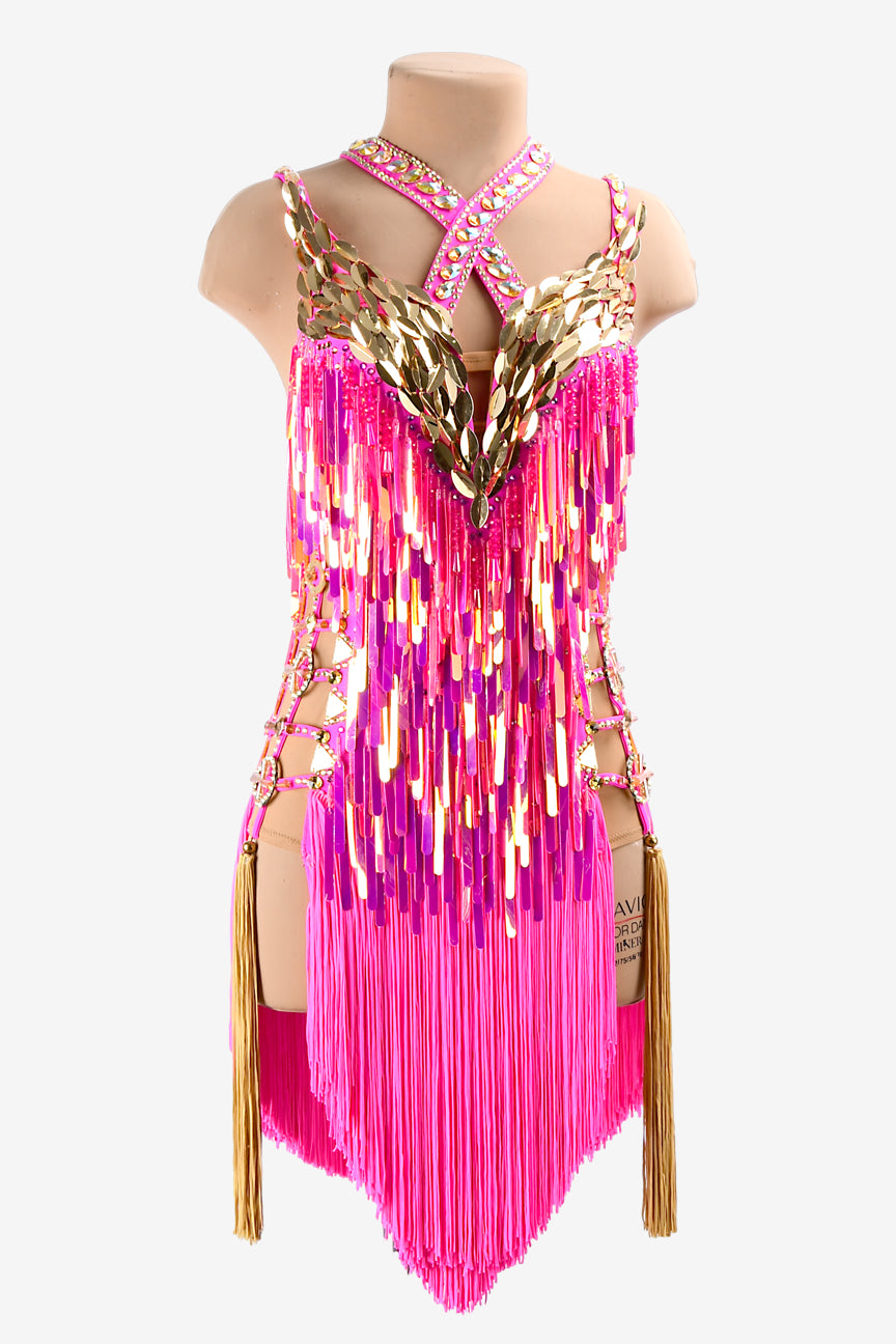 Permino mediumvioletred Latin dress with fringes, gold leaf, sequins, gold crystals & sew-on stones