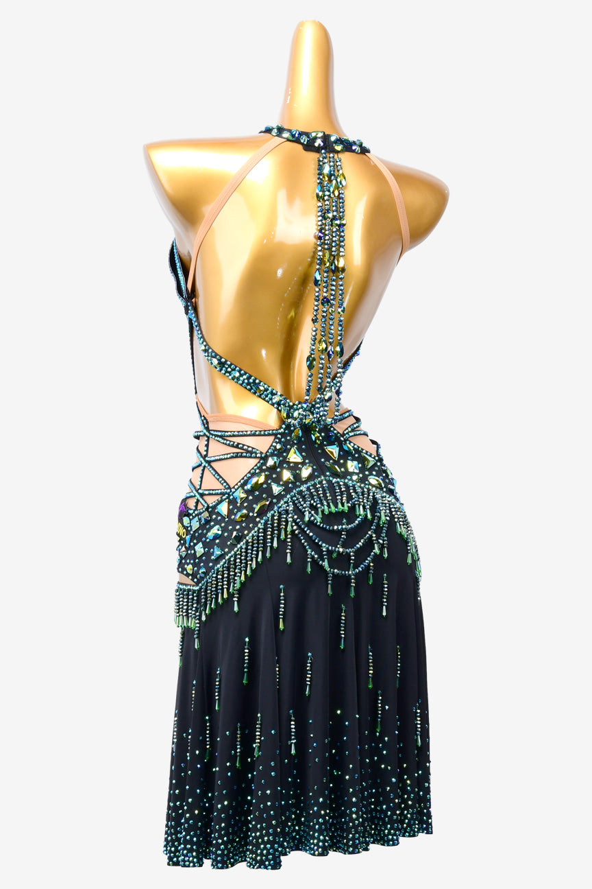 Permino black stretch crepe draping Latin dress with sea green AB stones & beadings