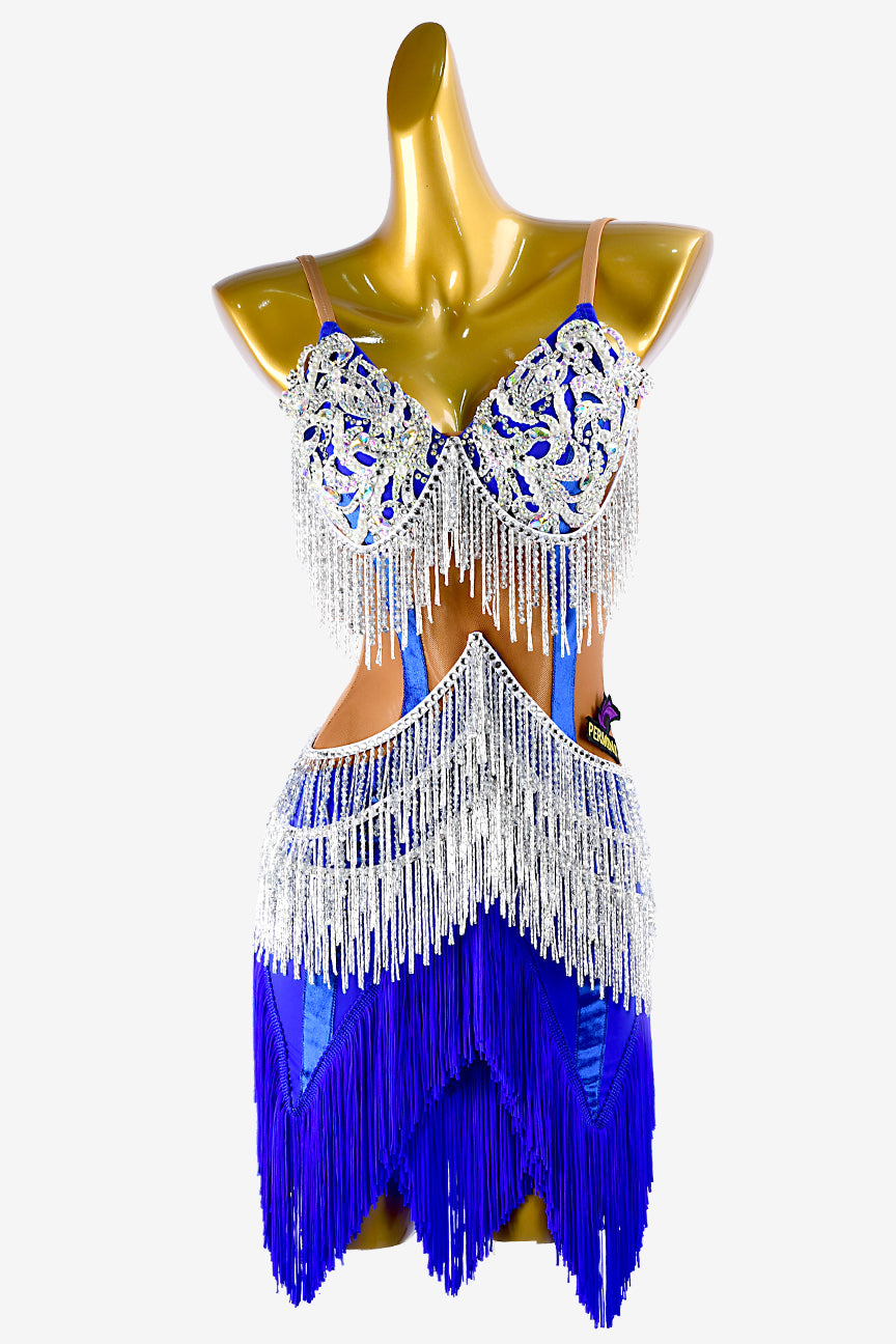Permino Dark nude & mediumblue Latin dress with white beaded fringes, lace appliqués, mediumblue fringes and  white AB stones