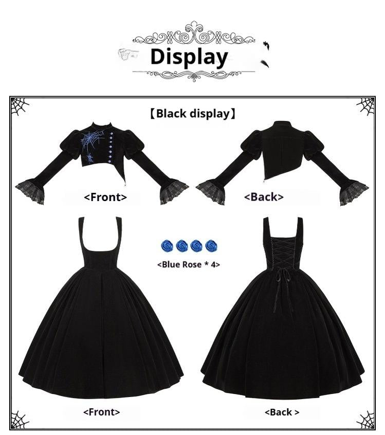 With PUJI~Enigmatic Night Poem~Halloween Gothic Lolita Fishbone Bustier Dress Embroidered Coat