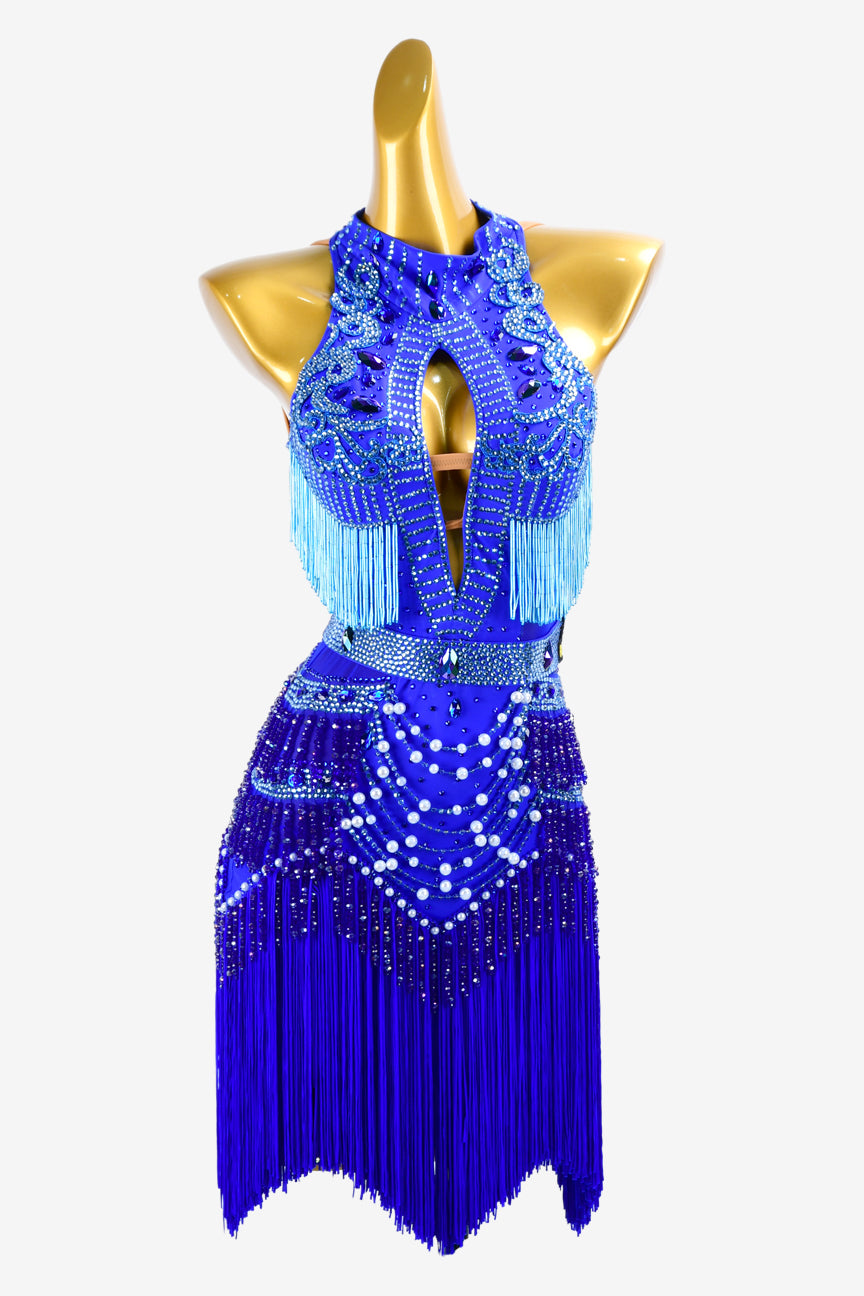 Permino international kIein blue Latin dress with lace appliqué, fringe, skyblue beaded fringes, crystals & beadings