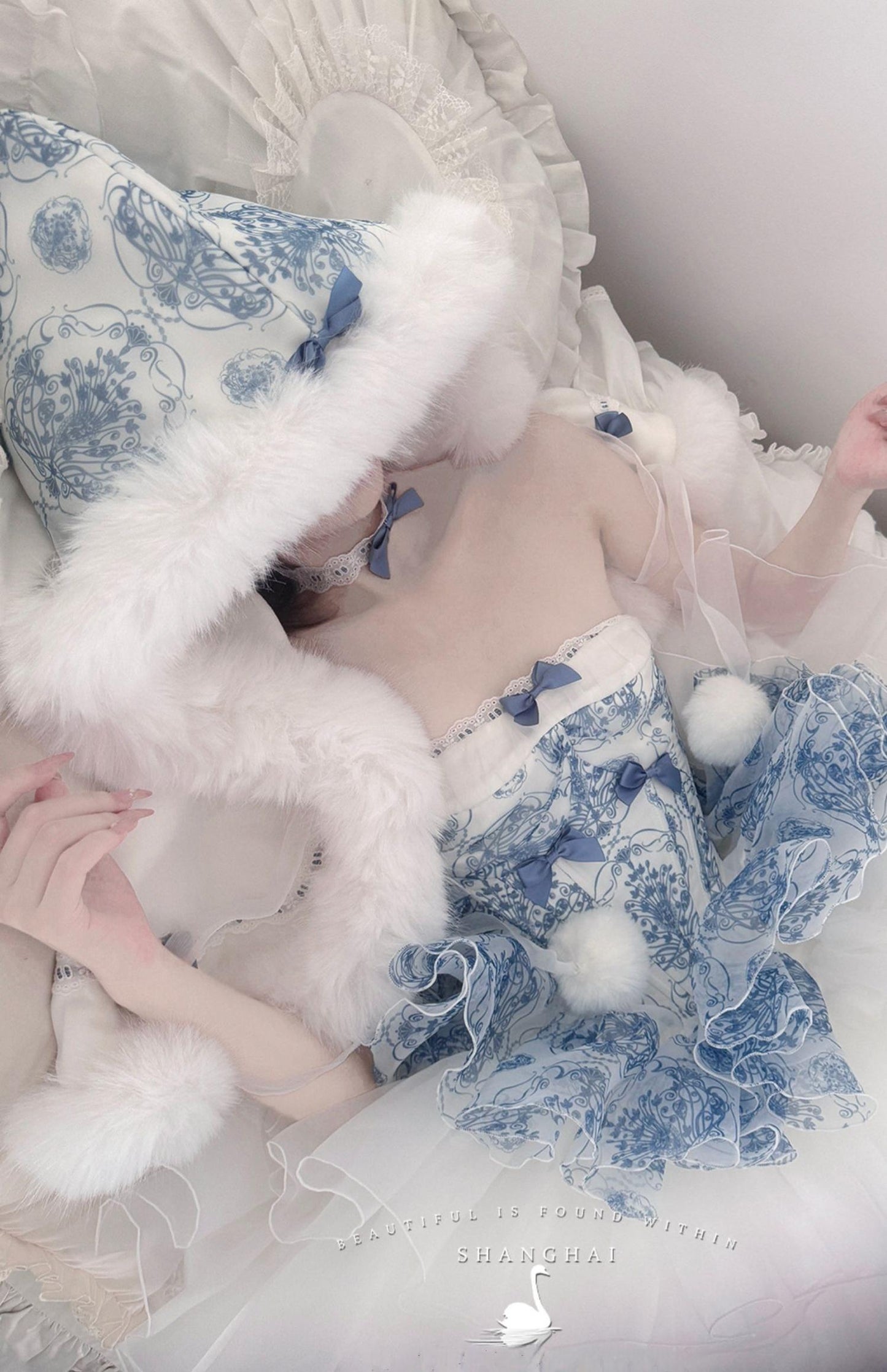 POSHEPOSE~Blue and White Porcelain~Princess Lolita JSK Dress Plush Cape