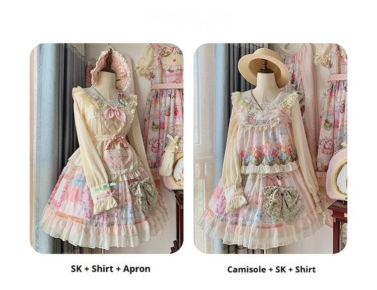 Mewroco~Country Patchwork~Sweet Lolita Dress Set Print OP SK Shirt and Camisole