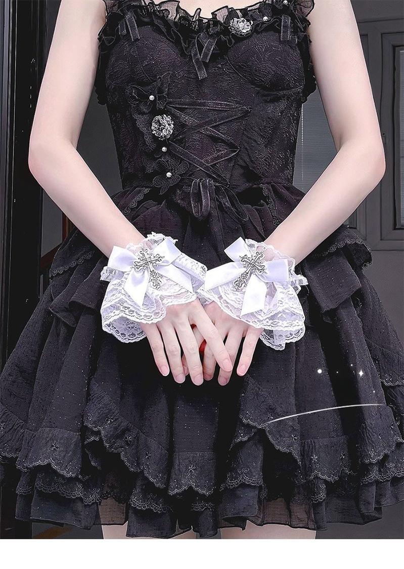 Hua Nai Cat~Gothic Lolita Cuffs with Cross Black and White Hand Sleeve