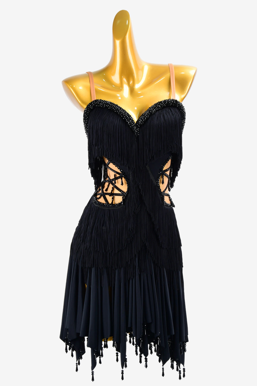 Permino black matt lycra Latin dress with fringes, crystals & beadings