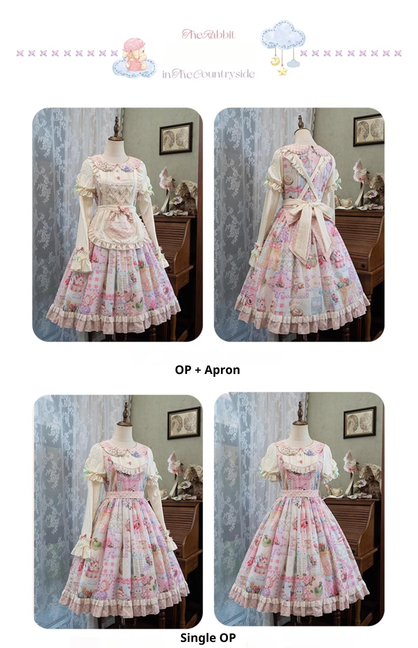 Mewroco~Country Patchwork~Sweet Lolita Dress Set Print OP SK Shirt and Camisole