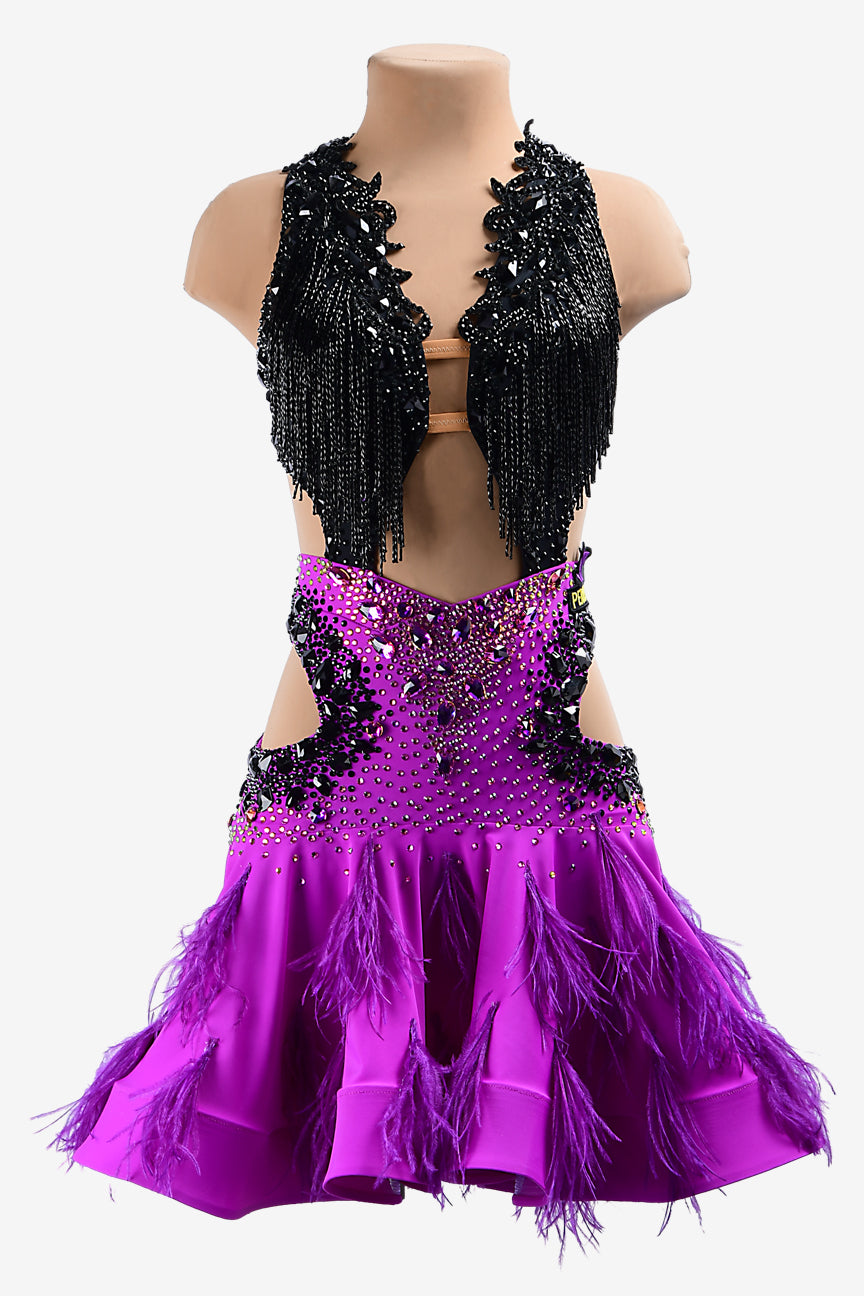 Permino brilliant violet & black Latin dress with beaded fringes, lace appliqués, feathers, rhinestones & sew-on stones