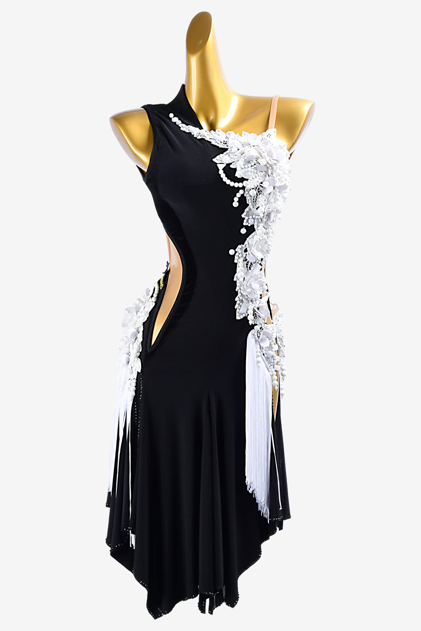 Permino mesh black draping Latin dress with white beadings, tassels, white lace & flower appliqués