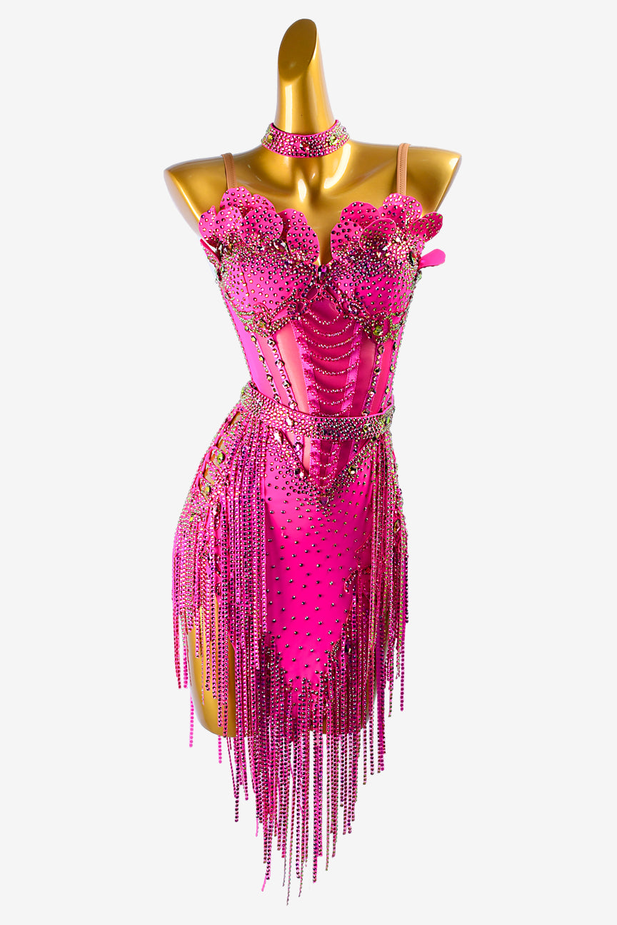 Permino phosphor Latin dress with rhinestone applique, stone fringes, beadings, crystals & sew-on stones