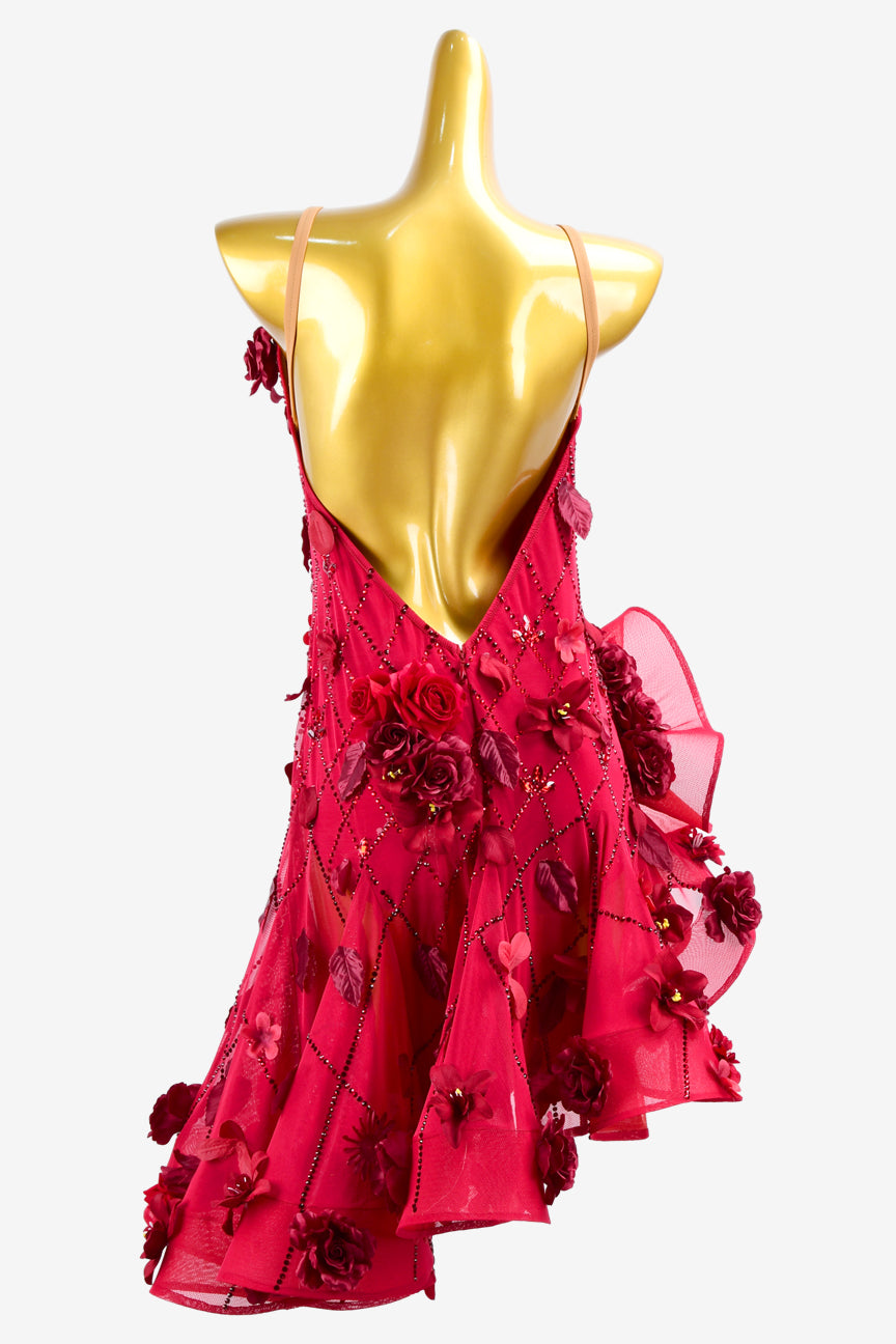 Permino scarlet backless mesh Latin dress with ruffle fishbone skirt, flower appliques & rhinestones