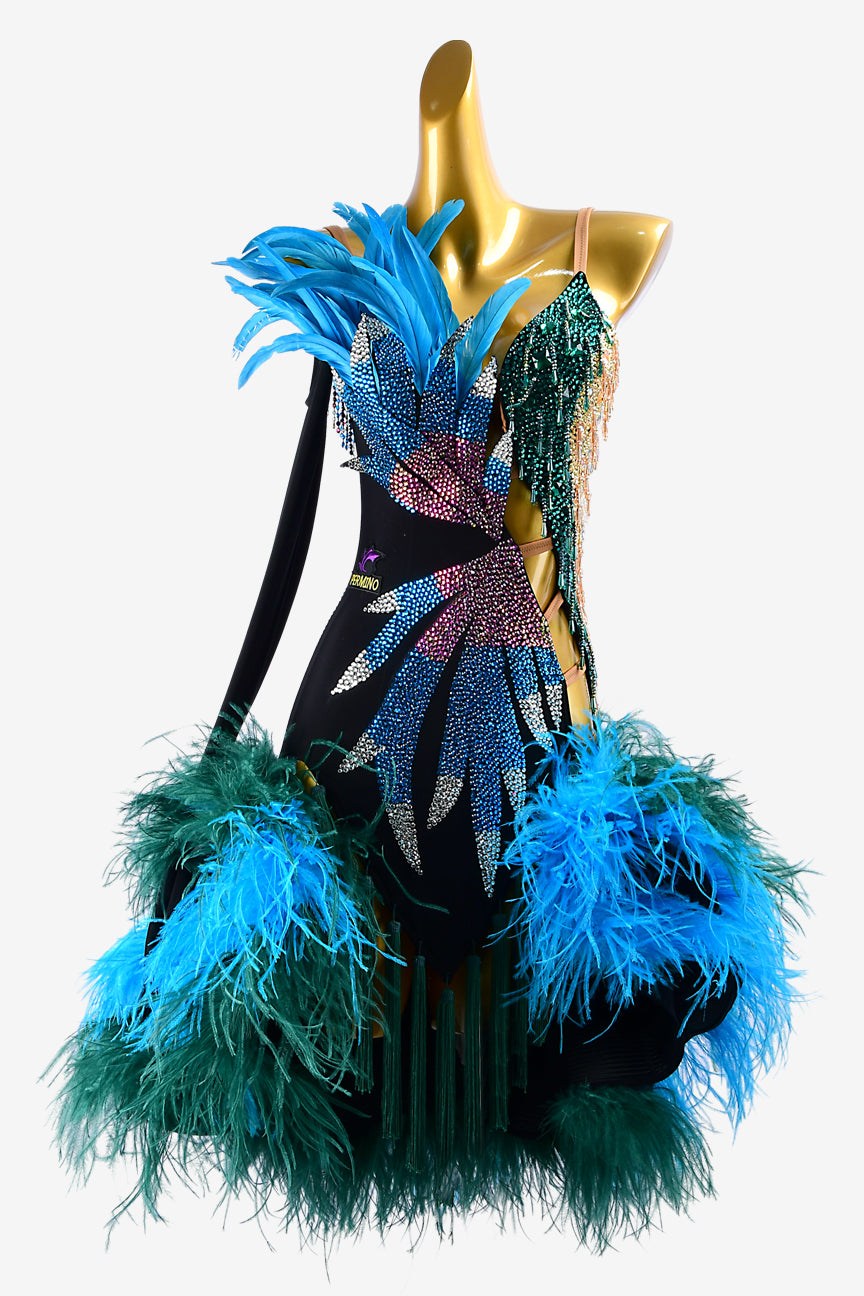 Permino black velvet Latin dress with rhinestones, beadings, tassels, blue&green feathers