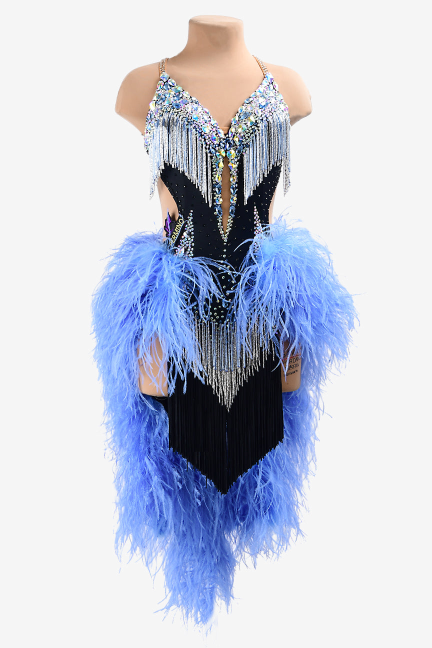 Permino black matt lycra Latin dress with AB sew-on stones, silver beaded fringes, black fringes & blue feathers
