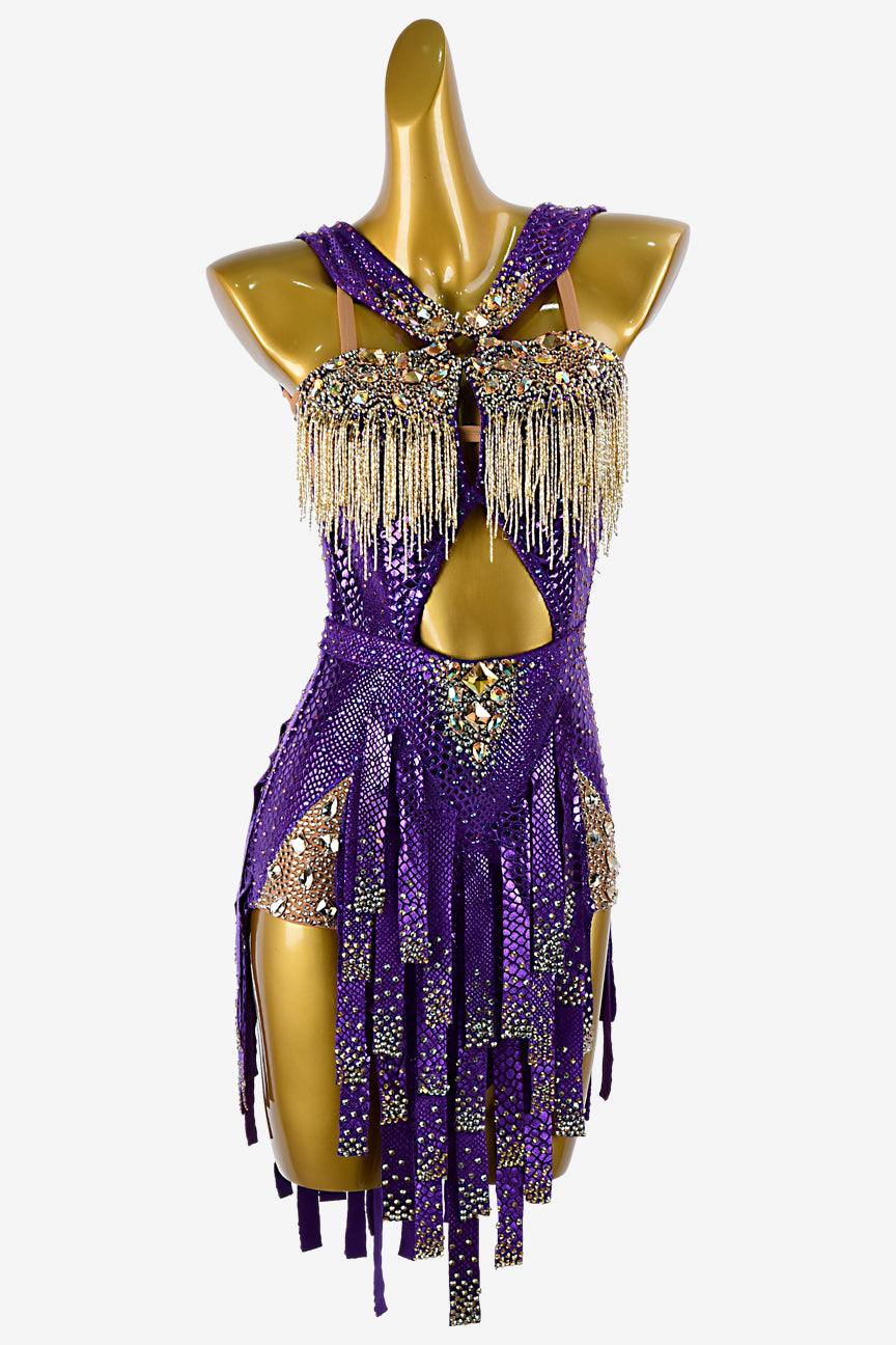 Permino purple python foil on lycra Latin dress with gold beaded fringes & rhinestones