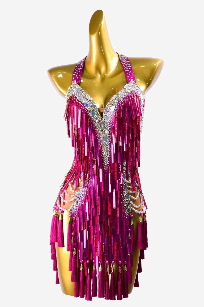 Permino mediumvioletred matt lycra Latin dress with beadings, sequins, silver mirror stones, AB stones & tassels