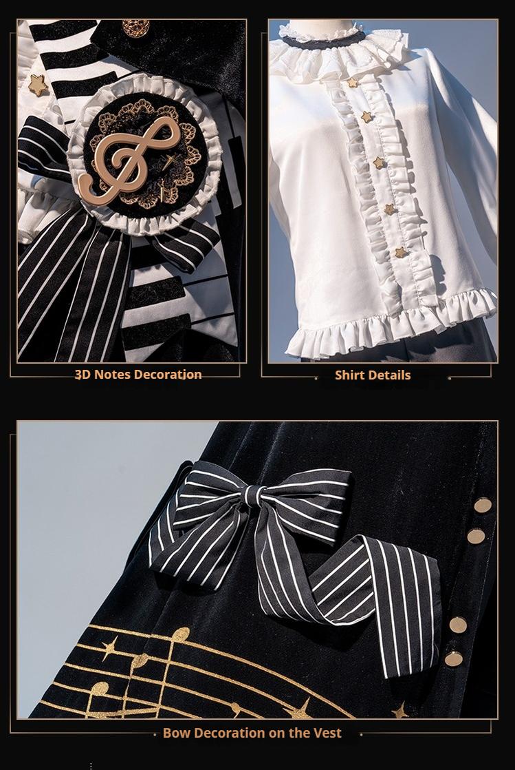 Forest Fluorescent Carps~Black and White Sonata~Ouji Lolita Vest Suit and Vintage Lolita OP Dress
