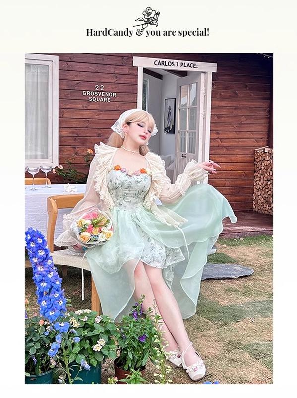 Yingtang~Plus Size Lolita JSK Dress Green Floral Lolita Dress Caidigan Set