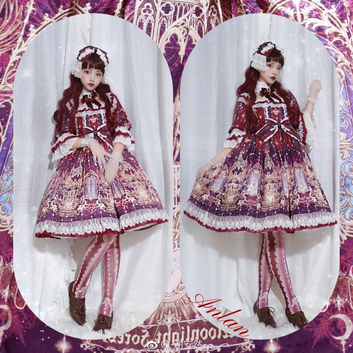 Red Maria ~ Lace Printed Bow 80D Lolita Tights Multicolors
