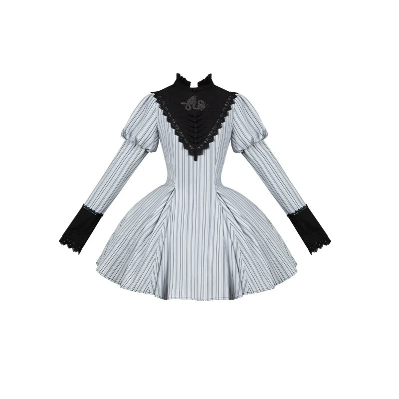 With PUJI~Nocturne SP~Striped Gothic Lolita OP Twin Lolita Dress with Apron