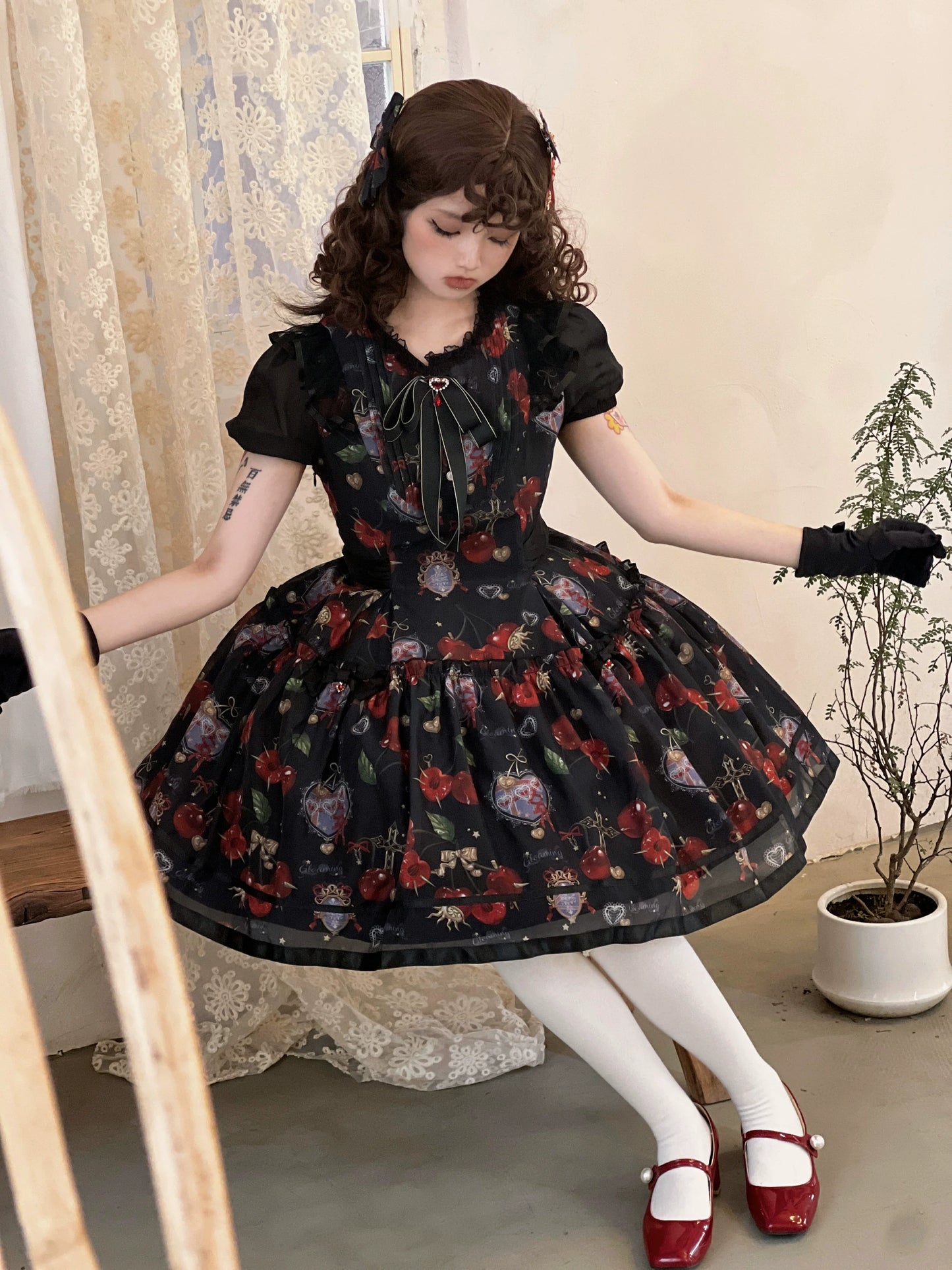 (Buy for me)Gloaming~Sweet Lolita Cherry print Short Sleeve OP and SK Set