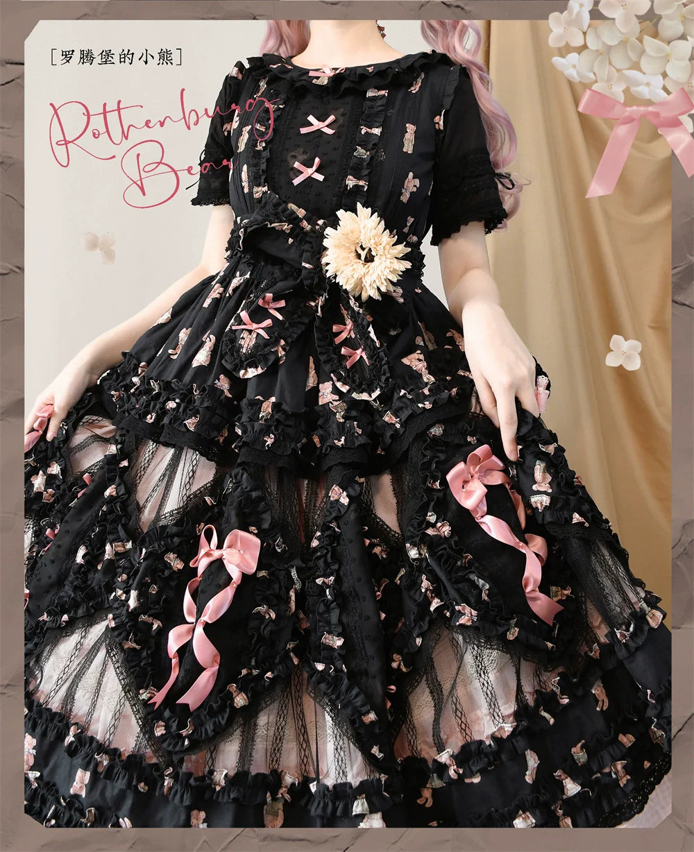 MONO GIRL~Rottengburg Bear~Sweet Lolita JSK Print Hollow-out Ruffles Dress