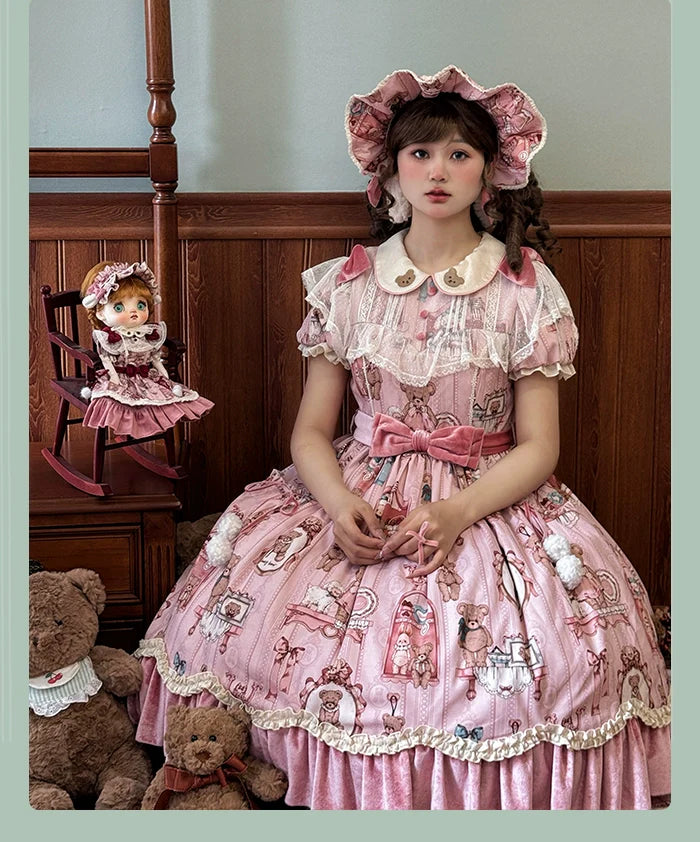 Alice Girl~Bear Doll Wall~Sweet Lolita OP Lovely Bear Print Dress