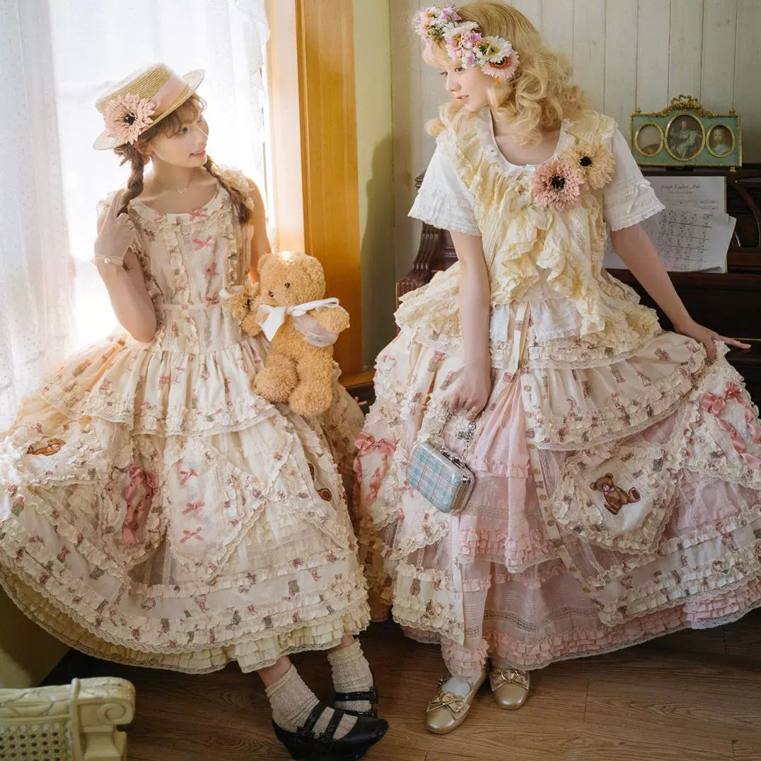 MONO GIRL~Rottengburg Bear~Sweet Lolita JSK Print Hollow-out Ruffles Dress
