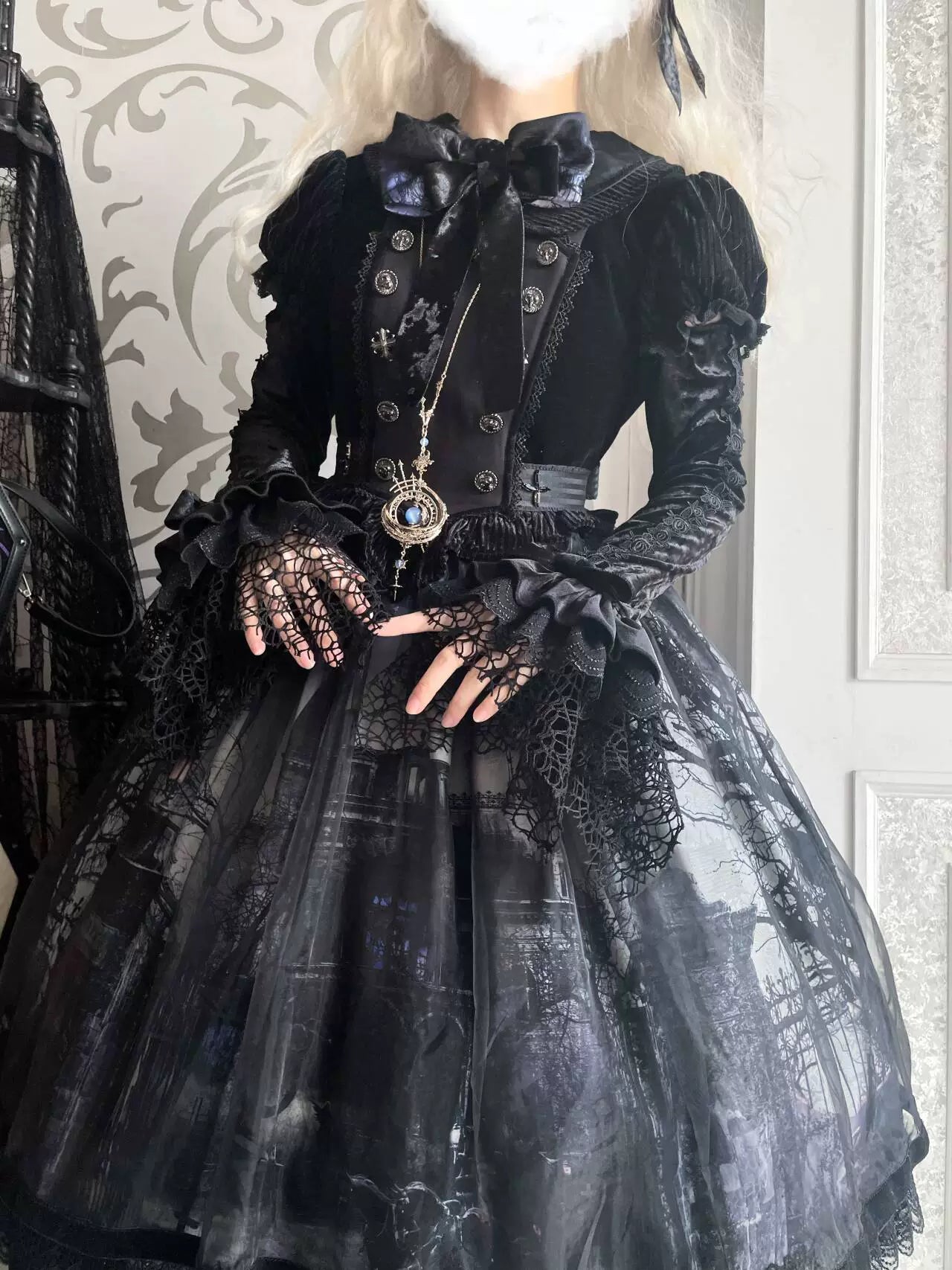 LilithHouse~Horror House~Gothic Lolita OP Set with Cape and Castle Print