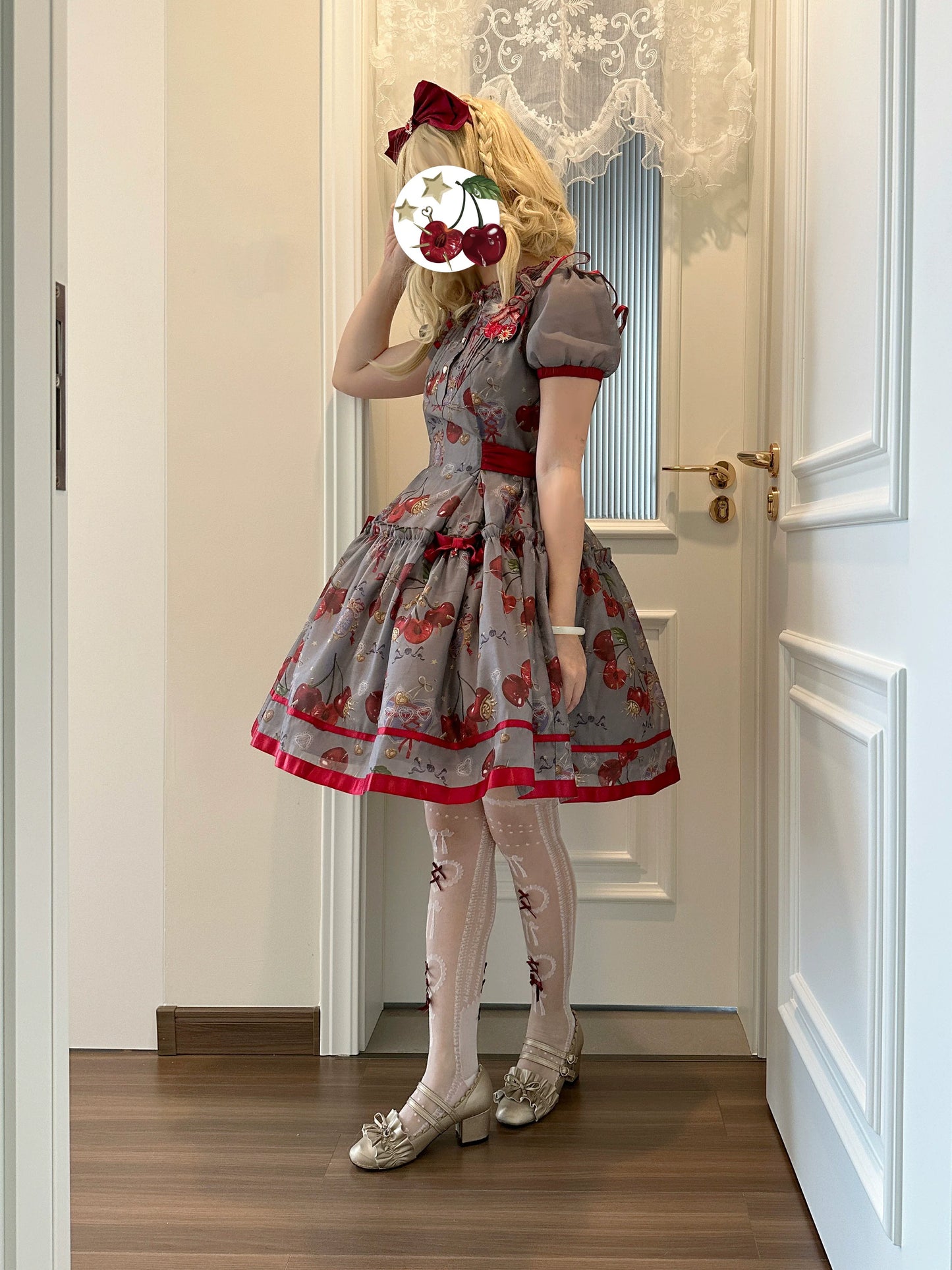 (Buy for me)Gloaming~Sweet Lolita Cherry print Short Sleeve OP and SK Set