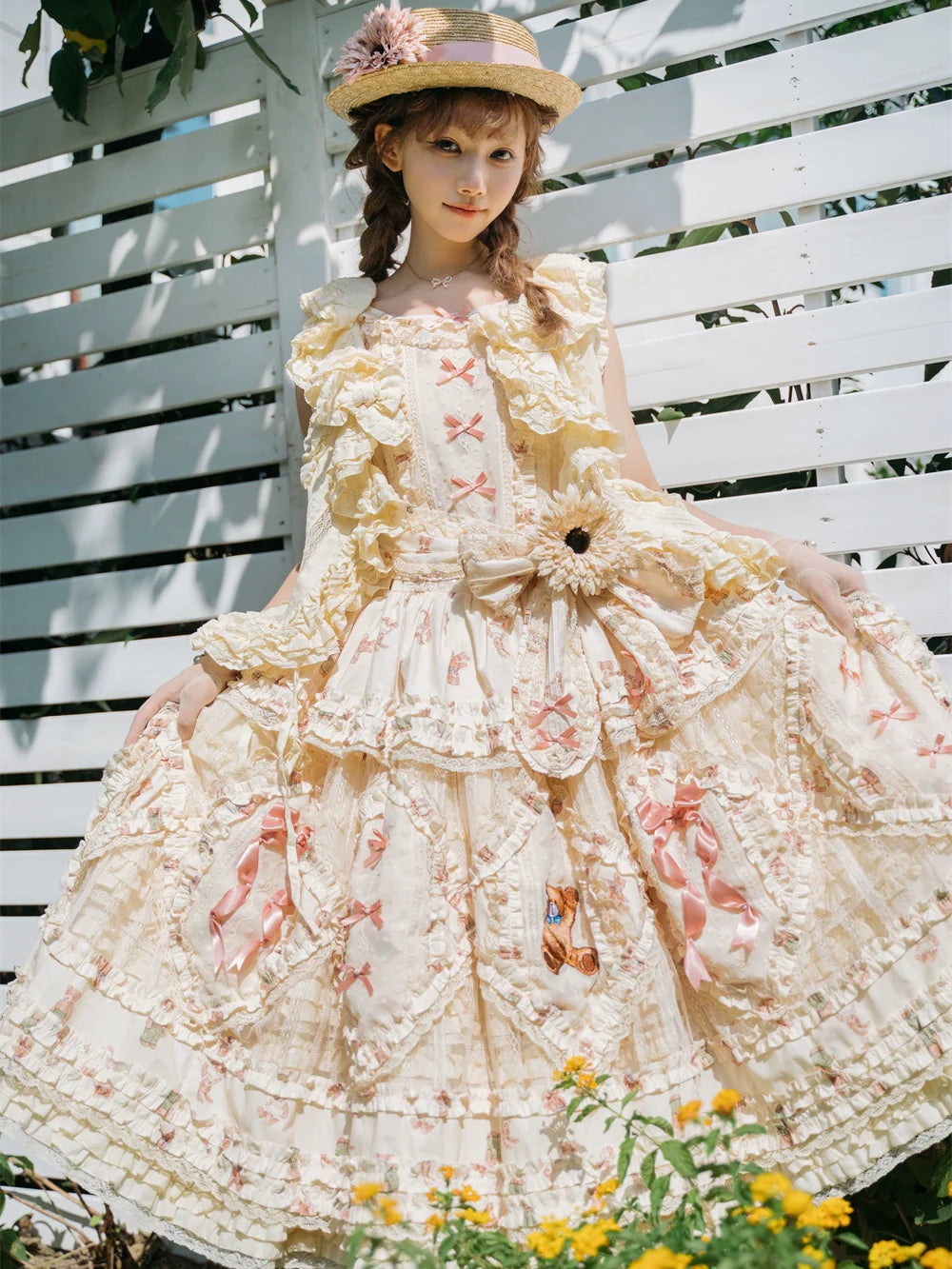 MONO GIRL~Rottengburg Bear~Sweet Lolita JSK Print Hollow-out Ruffles Dress