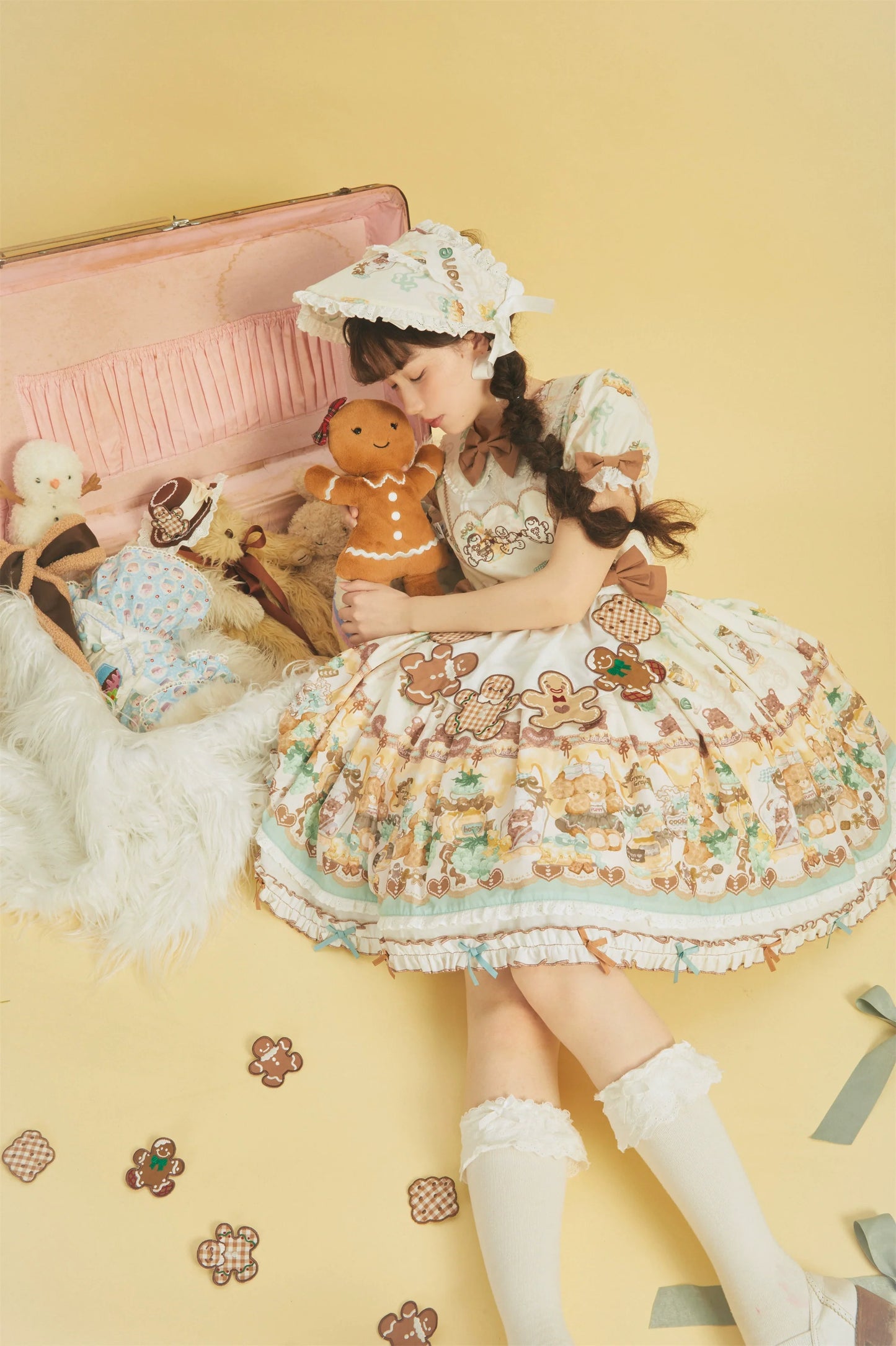 Babyblue~Little Bear Honey Jar~Kawaii Lolita Short Sleeve OP Gingerbread Man Embroidered Dress