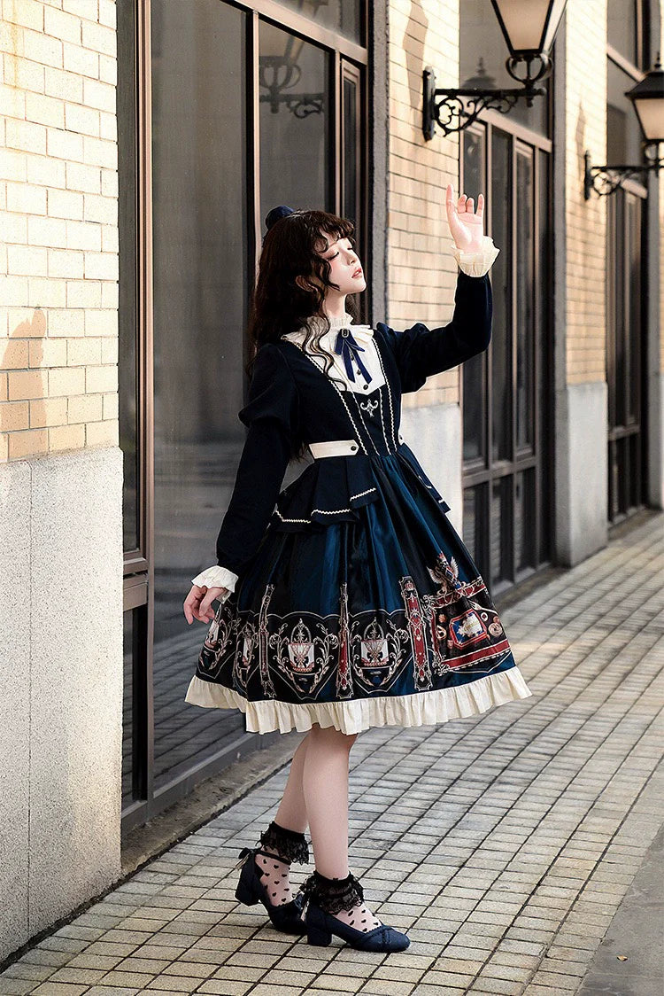 Jinmu~Chocolate Academy~Vintage Lolita OP Long Puff Sleeve Schoolgirl Lolita Dress