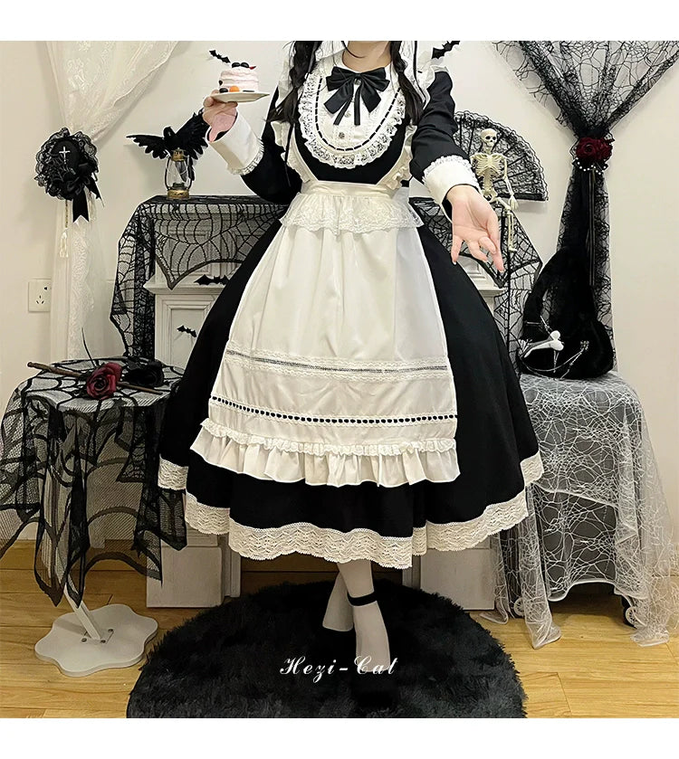 Hezi's Cat Haven~Black Cat Butler~Maid Lolita OP Dress Elegant Black and White Dress