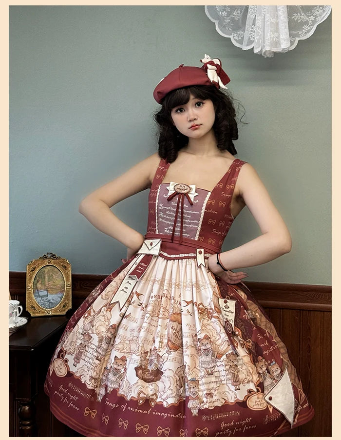 Alice Girl~Fox Band~Printed Sweet Lolita JSK Dress Square Neckline Daily Dress