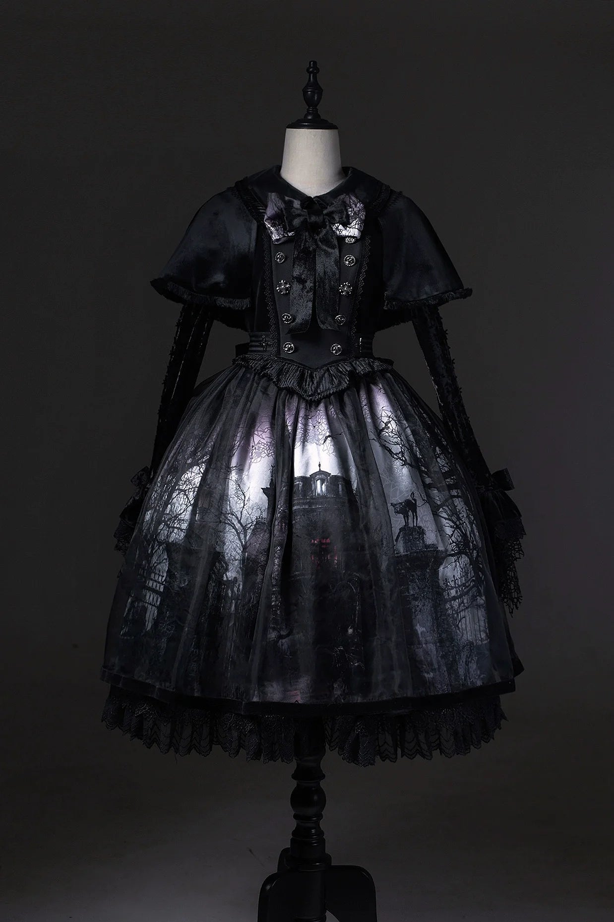 LilithHouse~Horror House~Gothic Lolita OP Set with Cape and Castle Print