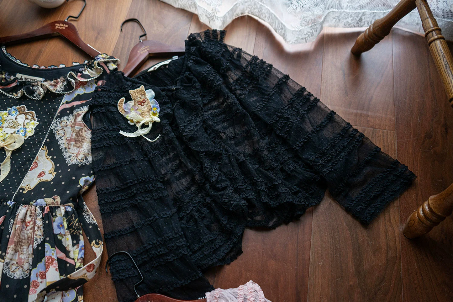 Miss Point~Cat Rose Tea~Sweet Lolita Tulle Cardigan and Long Skirt Overlay