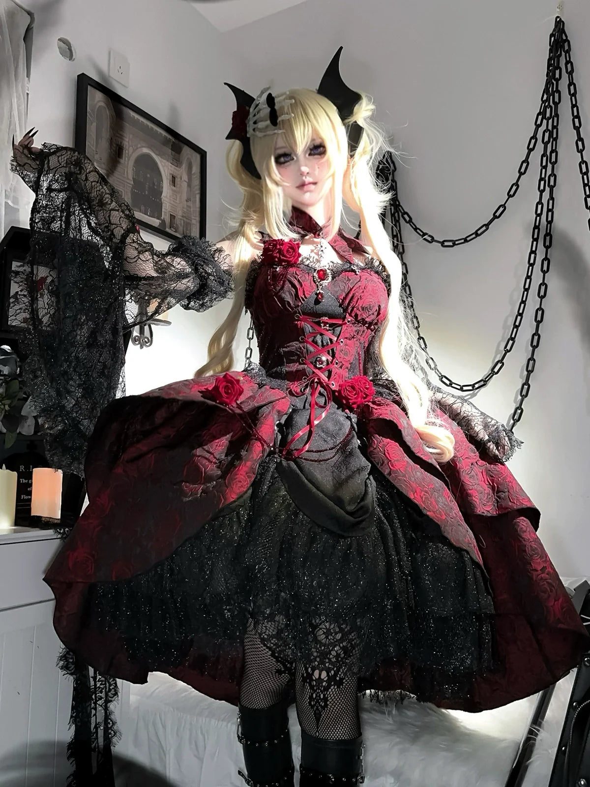 Cornfield Lolita~Rose Blood~Black Red Gothic Lolita JSK Jacquard Court Dress