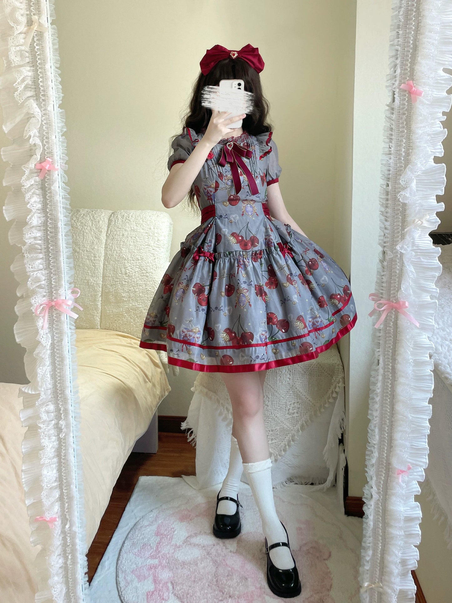 (Buy for me)Gloaming~Sweet Lolita Cherry print Short Sleeve OP and SK Set