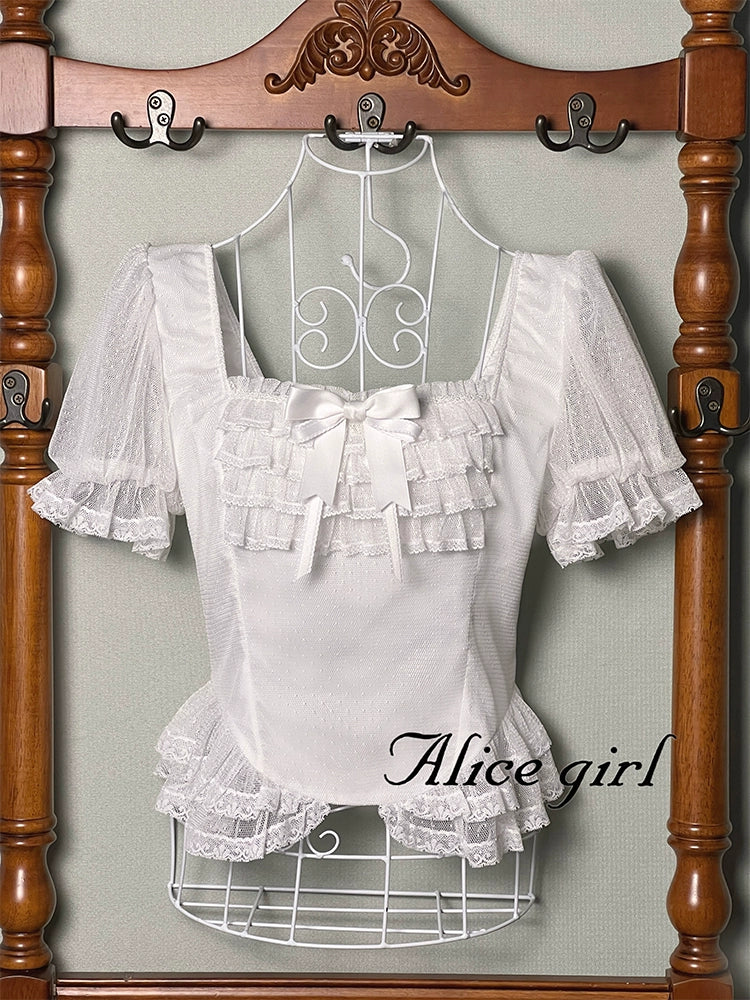 Alice girl~Yesterday Morning Mist~Classic Lolita Shirt Polka Dots Tulle Short Sleeve Blouse