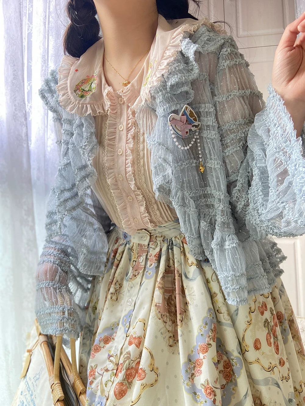 Miss Point~Cat Rose Tea~Sweet Lolita Tulle Cardigan and Long Skirt Overlay
