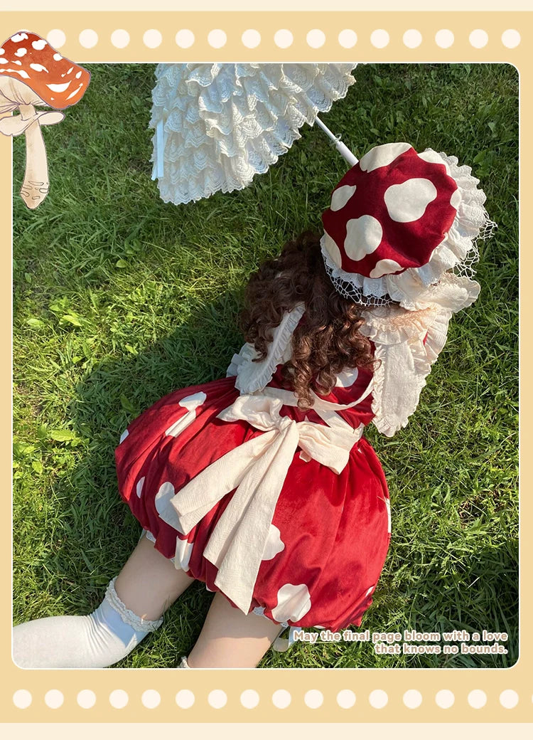Sakurahime~Mushroom~Kawaii Lolita OP Dress with Apron and Detachable Sleeves